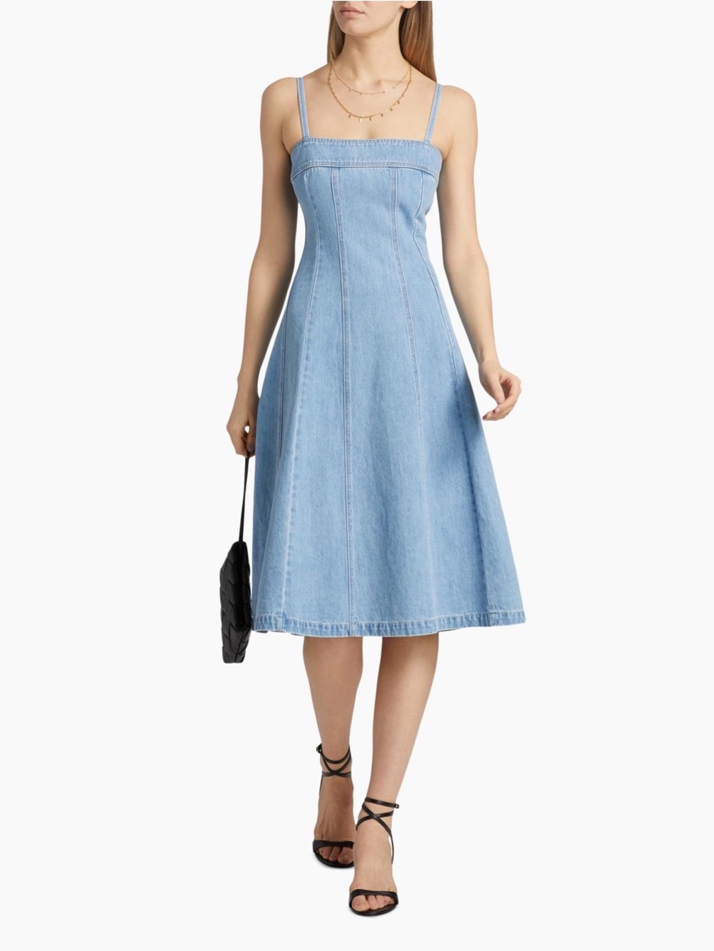 L'AGENCE Light Blue Denim Strappy A-Line Midi Dress